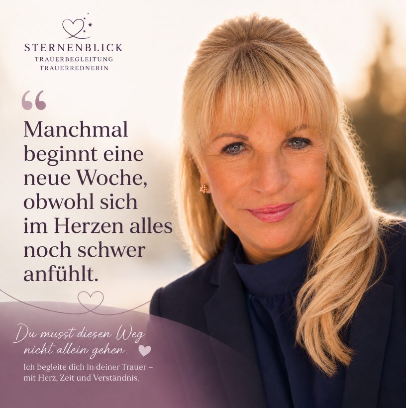 Heike Stumpenhusen im Porträt, daneben ihr Zitat: „Manchmal beginnt eine neue Woche, obwohl sich im Herzen alles noch schwer anfühlt.“ Darunter: „Du musst diesen Weg nicht allein gehen.“