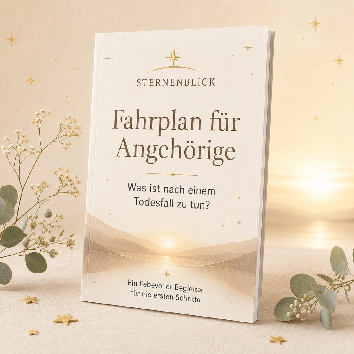 Broschüre „Fahrplan für Angehörige: Was ist nach einem Todesfall zu tun?“ von Sternenblick, umgeben von Eukalyptuszweigen und Schleierkraut
