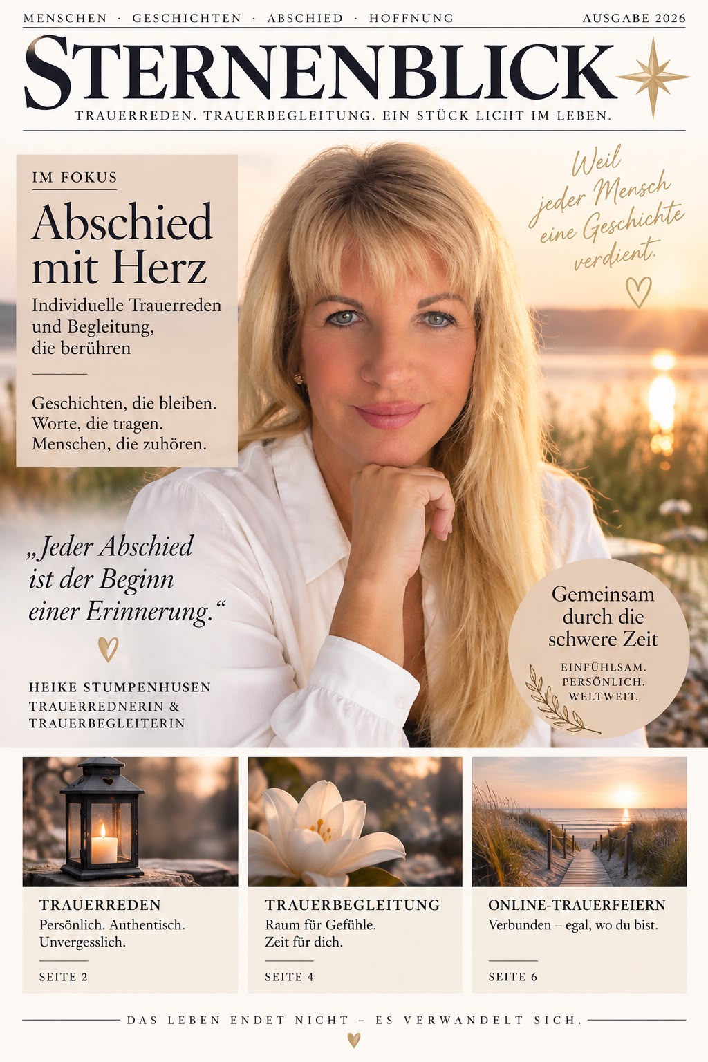 Heike Stumpenhusen auf einem Titelblatt im Stil einer Zeitschrift „Sternenblick“ mit den Themen Trauerreden, Trauerbegleitung und Online-Trauerfeiern, dazu der Satz „Weil jeder Mensch eine Geschichte verdient“